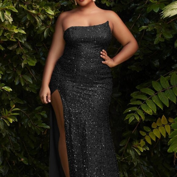 BLACK Plus Size PROM STRAPLESS A-SYMETRICAL CURVY FIT SEQUIN GOWN DRESS CD165 - Picture 8 of 8